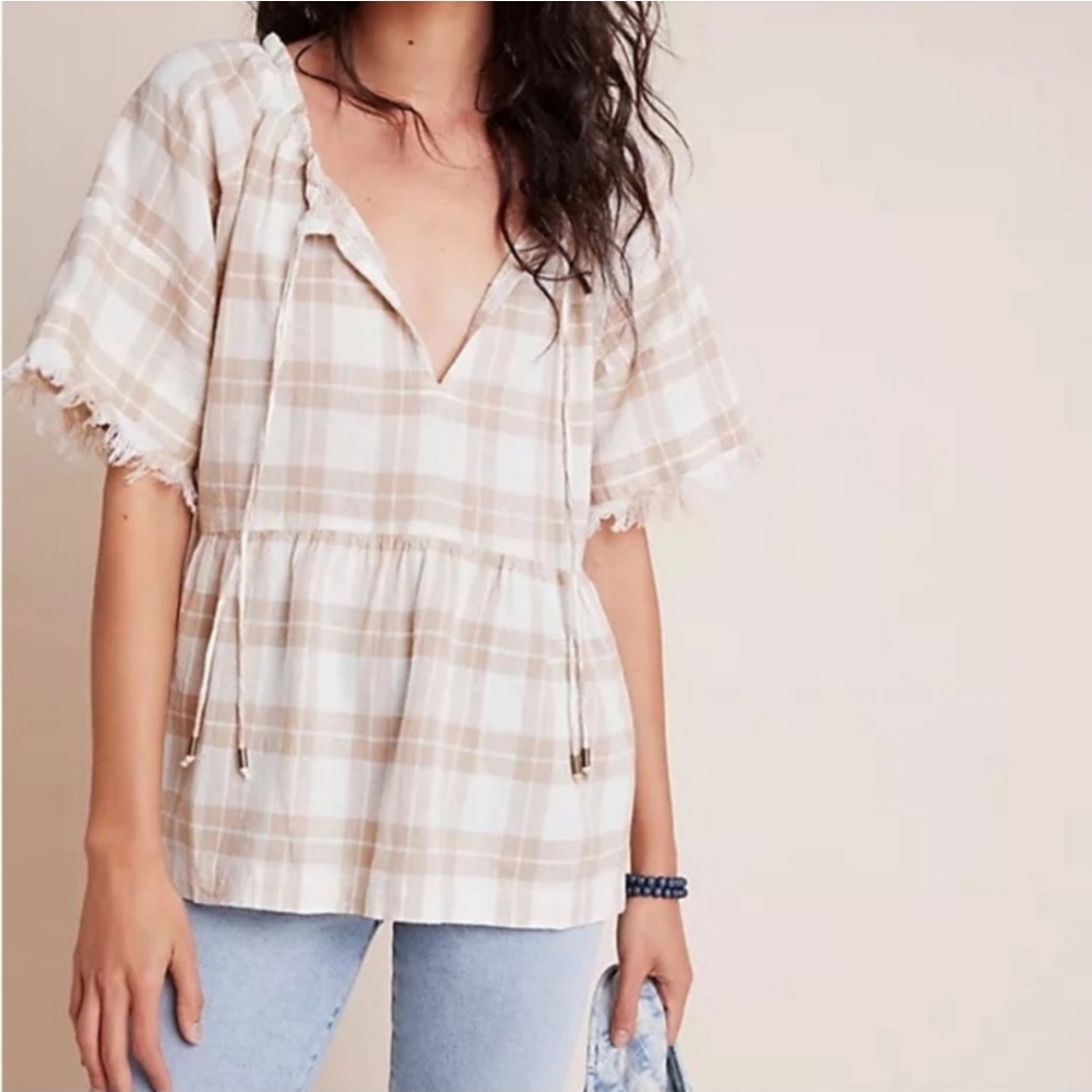 Anthropologie Pilco The Bette Gingham Babydoll Linen Beachy Blouse Top